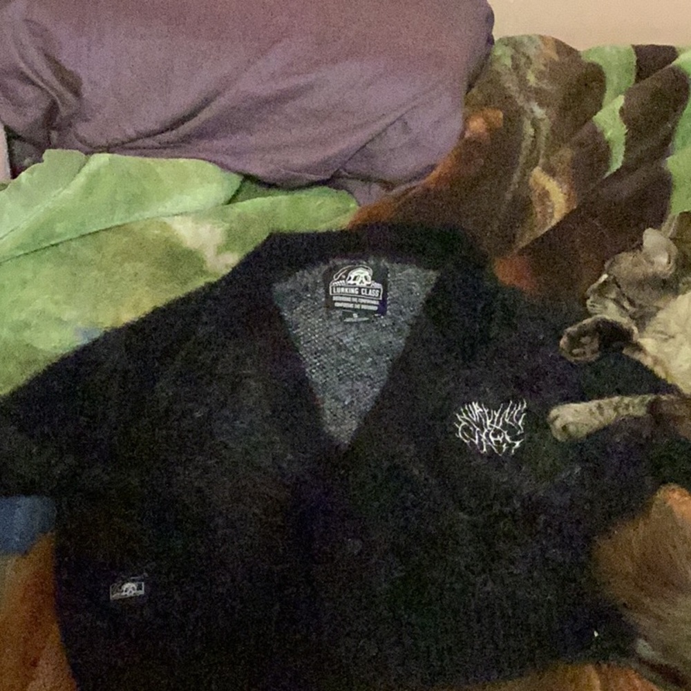 Black Fuzzy Cardigan with Embroidered Detail